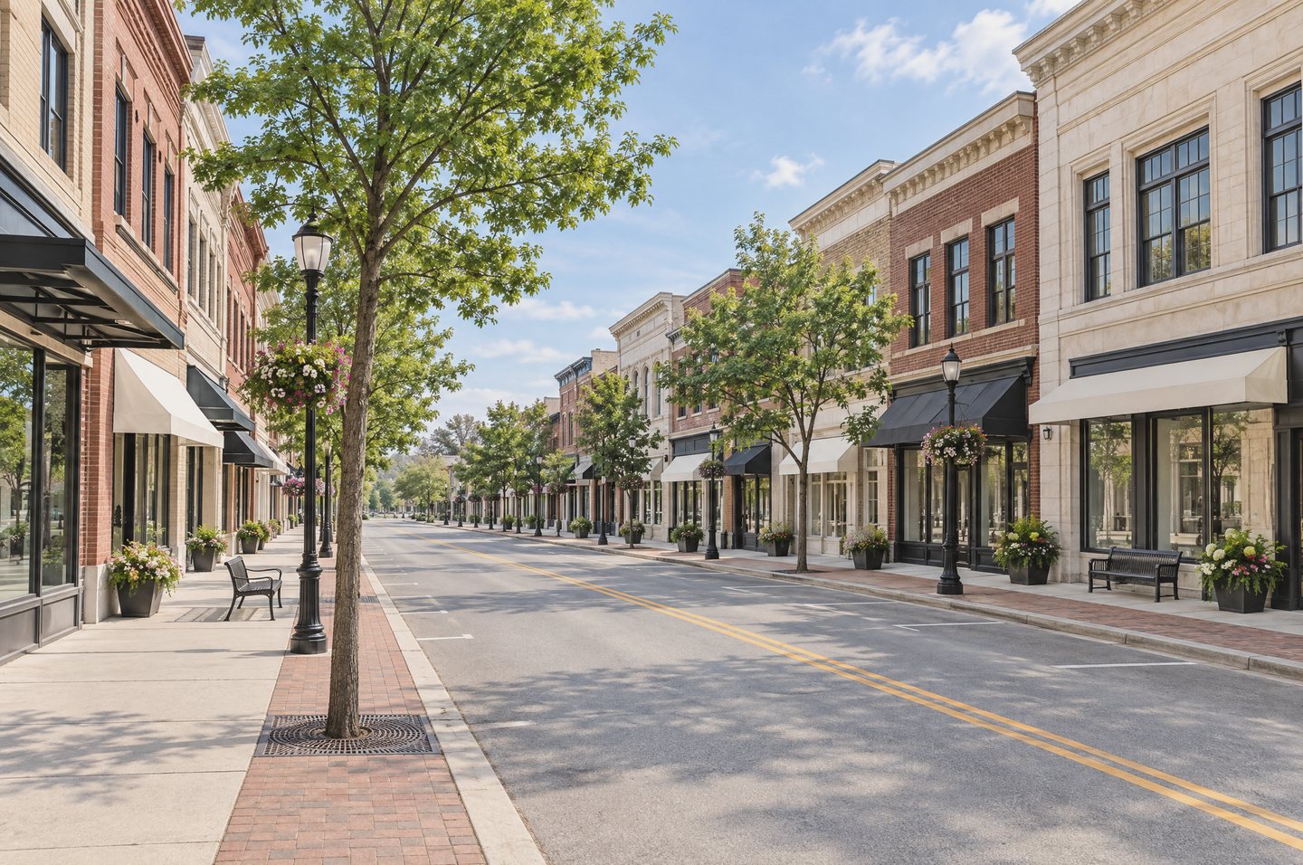 An empty, tree-lined downtown main street on a sunny morning: two- and three-storey storefront buildings in red brick, tan brick and pale limestone with black canopies and cream awnings, lamp posts hung with flower baskets, planters and benches along brick-edged sidewalks.