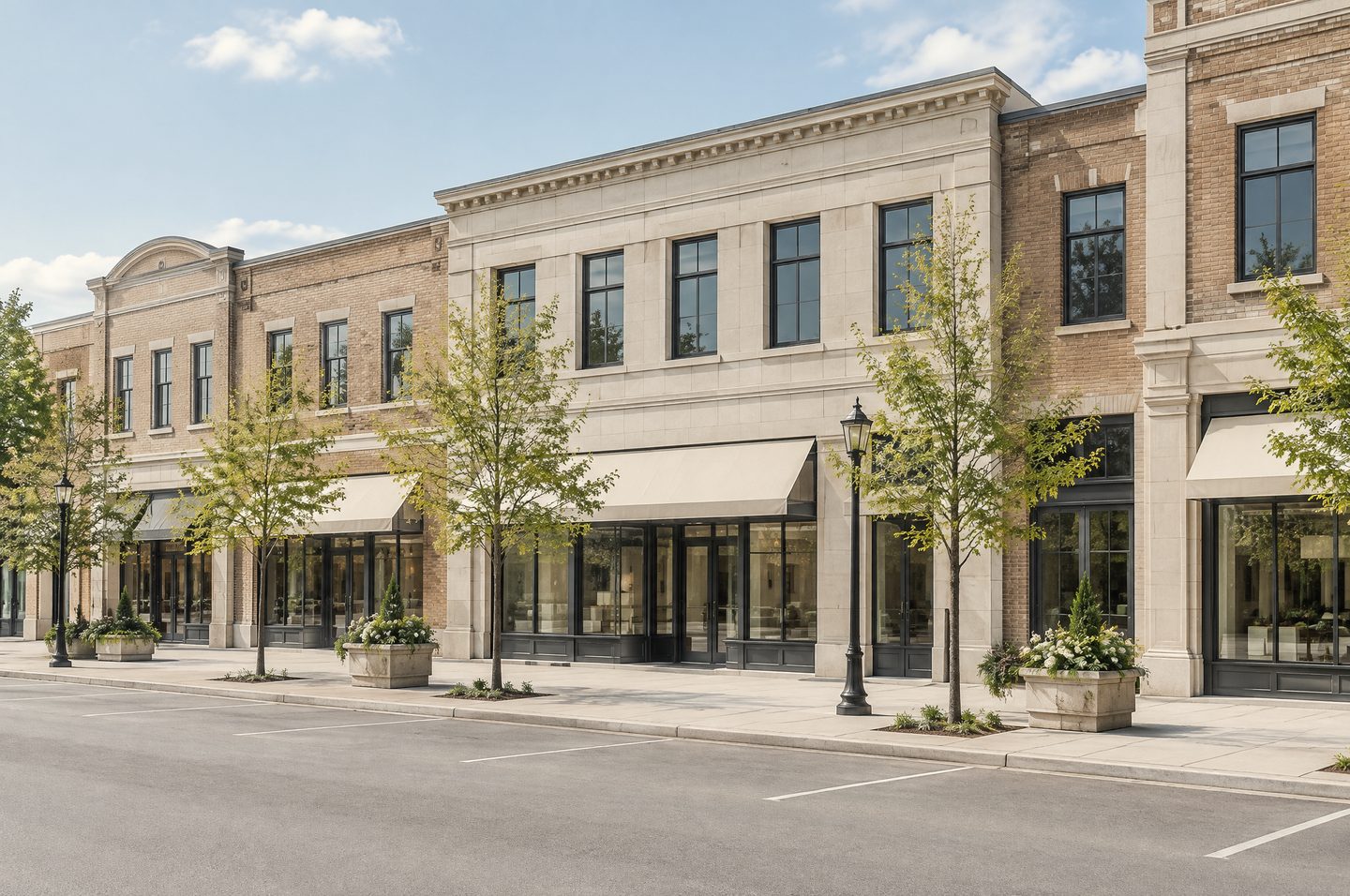 A row of two- and three-storey commercial buildings in tan brick and pale limestone with glass storefronts, cream awnings, street trees and planters along a wide sidewalk on a clear day.