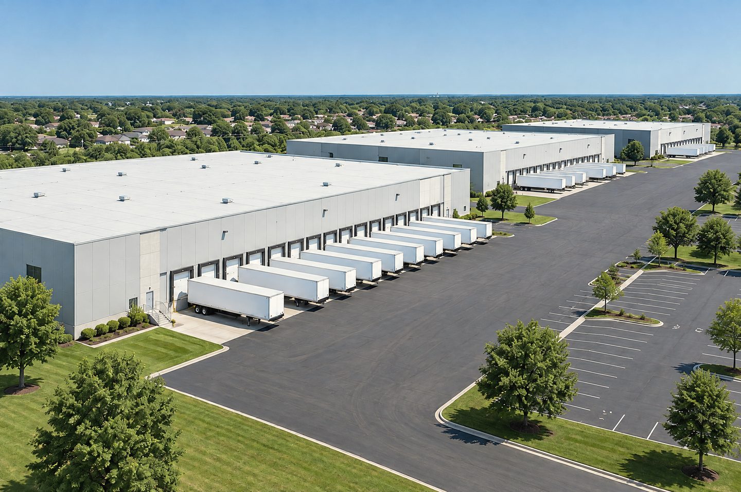 Low aerial view in daylight of a single-storey industrial complex: long light-grey warehouse buildings with rows of dock doors, white semi-trailers backed up to the bays and a wide asphalt truck court.