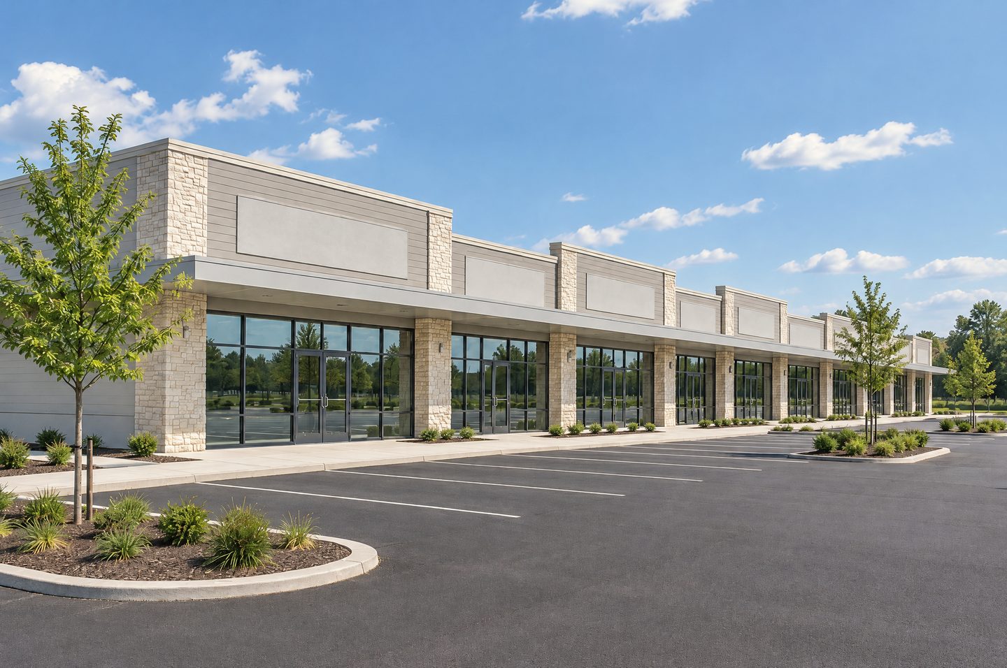 A single-storey suburban shopping centre in light grey siding and cream stone, a continuous canopy over glass storefronts and a freshly striped parking lot under a clear sky.