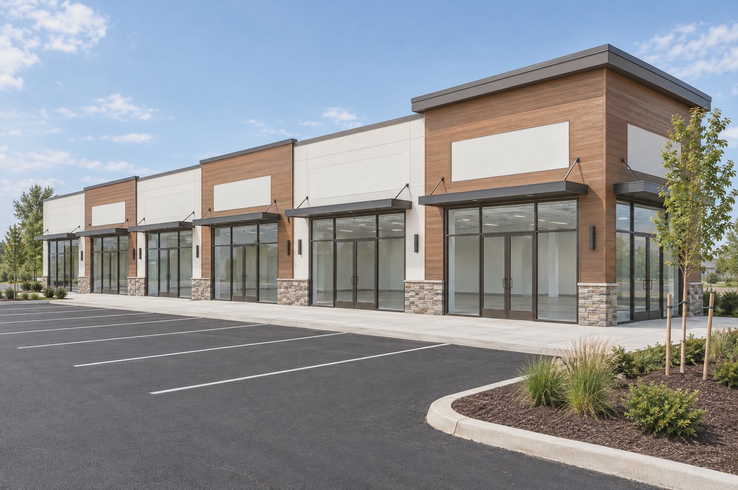 A newly built single-storey suburban retail strip with six vacant suites: warm white and cedar-toned panels over a stacked-stone base, bronze-framed glass storefronts under slim metal canopies, blank sign bands, a freshly striped parking lot and a new landscape island on a clear day.