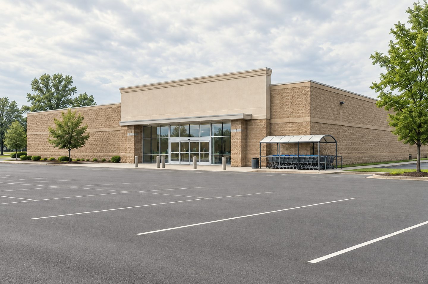 A vacant standalone single-storey grocery building in tan split-face block with a blank sign band, a glass entry vestibule, a cart corral and an empty parking lot on a bright overcast day.