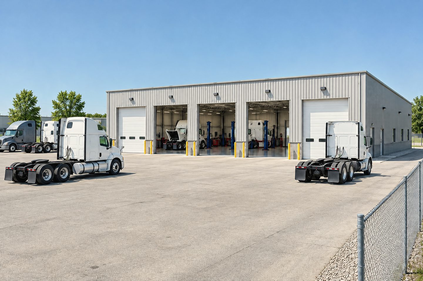 A diesel truck service shop in daylight: a light-grey metal building with five tall overhead bay doors, three open onto a service floor, and semi-truck tractors parked across a paved, fenced yard.