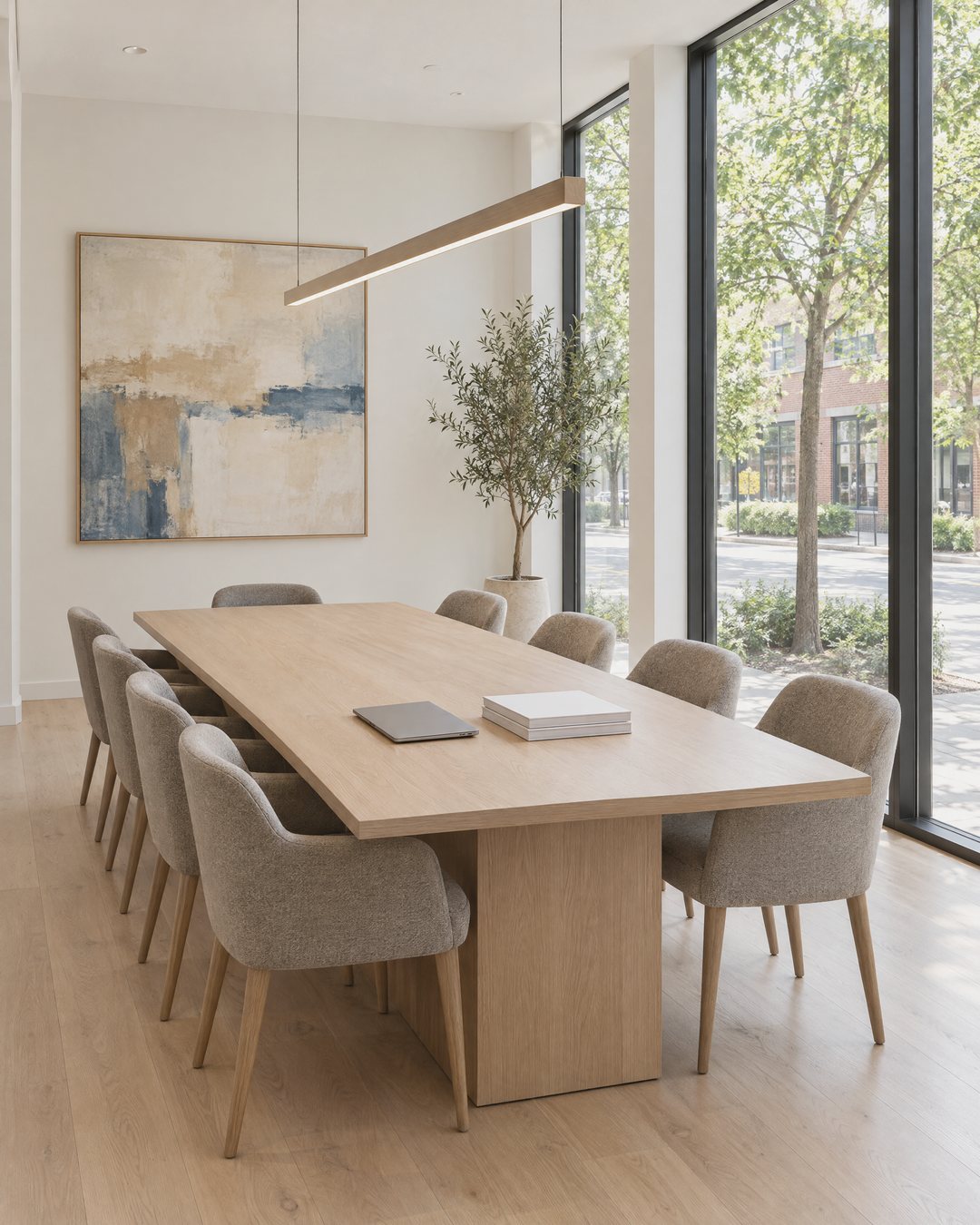 An empty, daylit office conference room: a long light-oak table with grey upholstered chairs, a closed laptop and a stack of documents, an abstract painting on a white wall, an olive tree and floor-to-ceiling windows onto a leafy street.