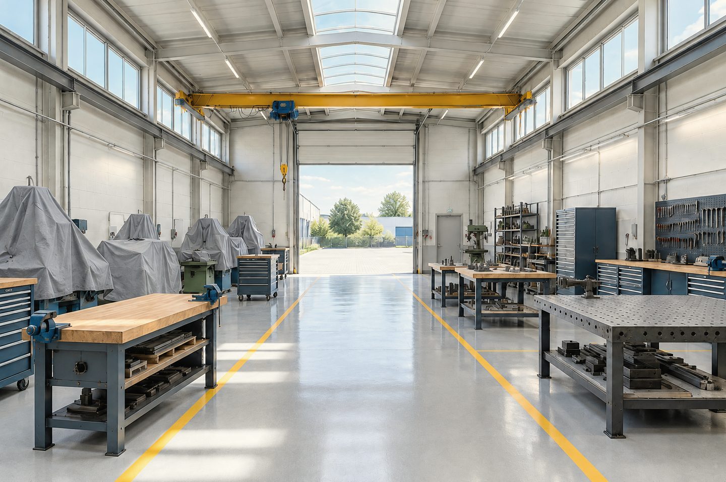 Interior of a clean, daylit light-industrial workshop: clerestory windows and a skylight, an overhead crane rail, workbenches and covered machines on a pale epoxy floor, and an open overhead door.