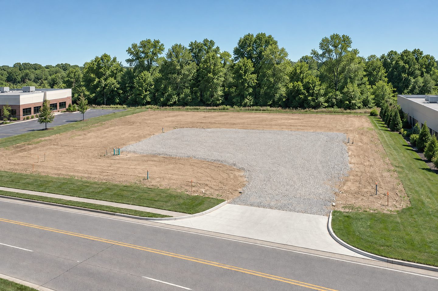 Low aerial view of a cleared and graded commercial building pad with a new curb cut and entrance drive off a suburban road, mature trees along the far boundary.