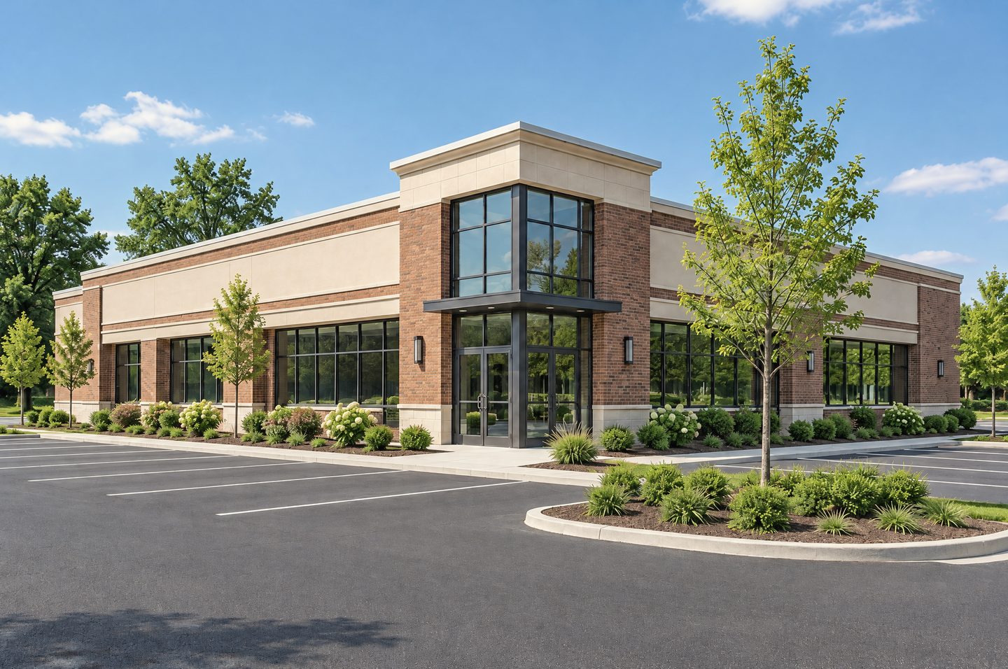 A freestanding single-tenant net-lease retail building in warm brown brick and cream stone with a glazed corner entry, landscaped beds and a freshly striped parking lot on a clear day.