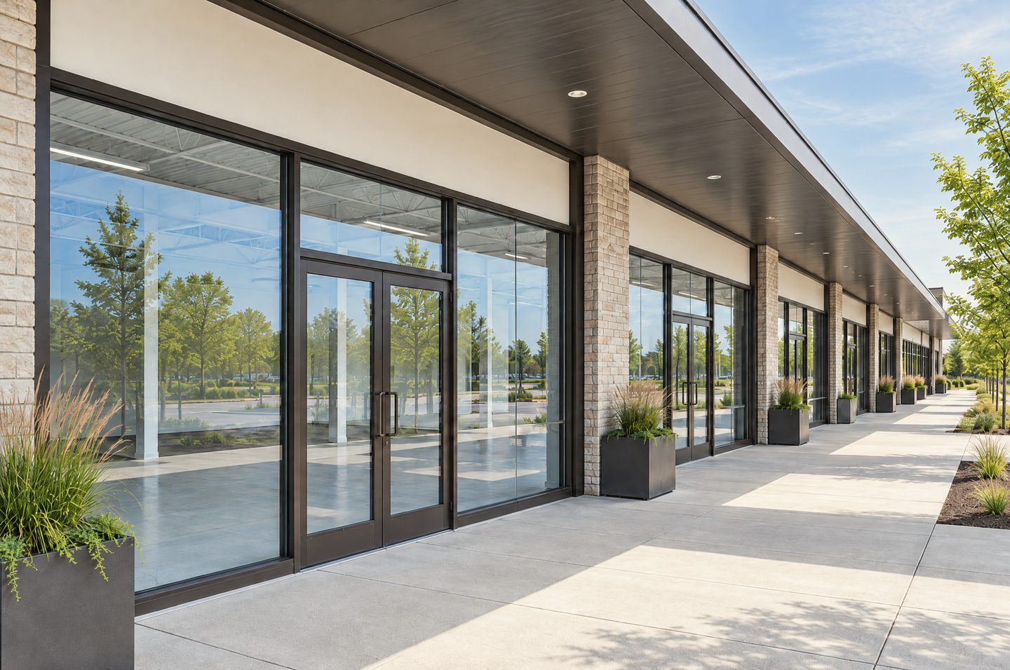 The covered walkway of a newly built retail building in daylight: a run of empty storefront bays with floor-to-ceiling glass and bronze frames, vacant white interiors visible inside.