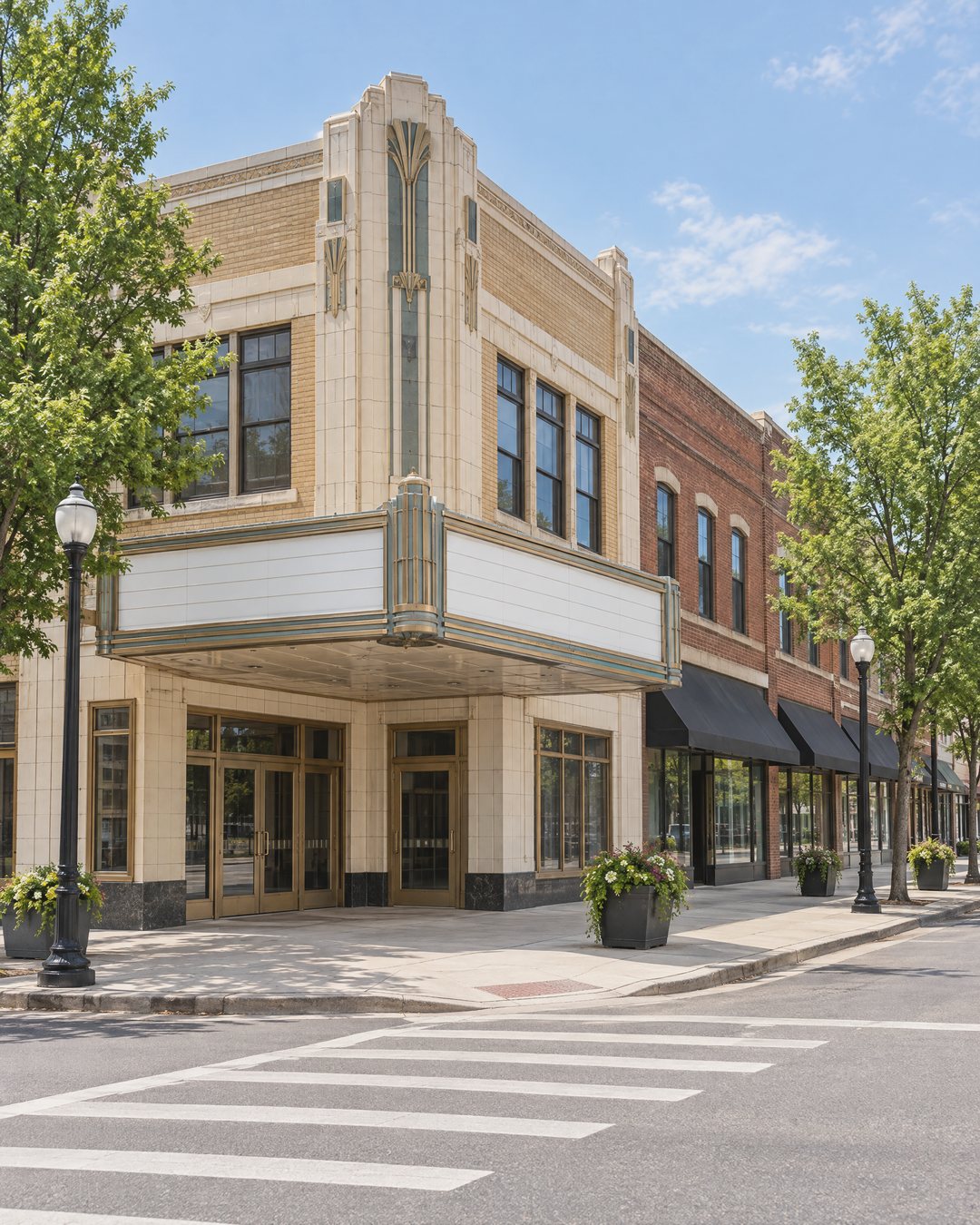A restored Art Deco theatre building in cream terracotta and tan brick on an empty downtown street corner, its marquee blank, with brick storefronts, street trees and a crosswalk on a sunny day.